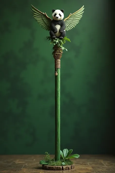 A long and thin rod of vibrant green color with a unique and detailed design. At the base, a panda with wings carved from wood rises majestically, combining tenderness and power. Its elegant and balanced finish makes it a special wand, ideal for a wizard w...