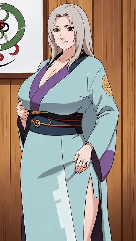 (((1girl))),((alone)), Tsunade senju,(masterpiece), (best quality), (ultra detailed), (best illustration), (best shadow), (absurdities), sharp focus, cowboy photo , looking at the viewer, saggy big breasts, wide hips, medium thighs, round butt, naughty fac...