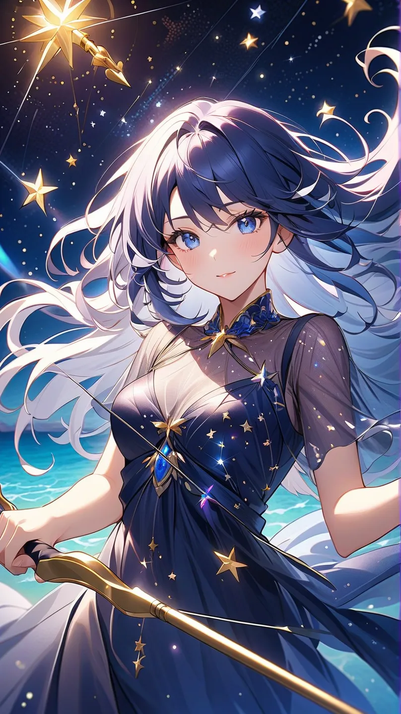 ( high quality ,  super precise, Sagittarius goddess  , mature ash hair to note .  Optimistic , Fair, Funny and intelligent face, ((Draw a bow and arrow to set an aim:1.3)),  dark blue eyes (Eye details) , Deep blue hair shimmer  ,  see-through dress , In ...