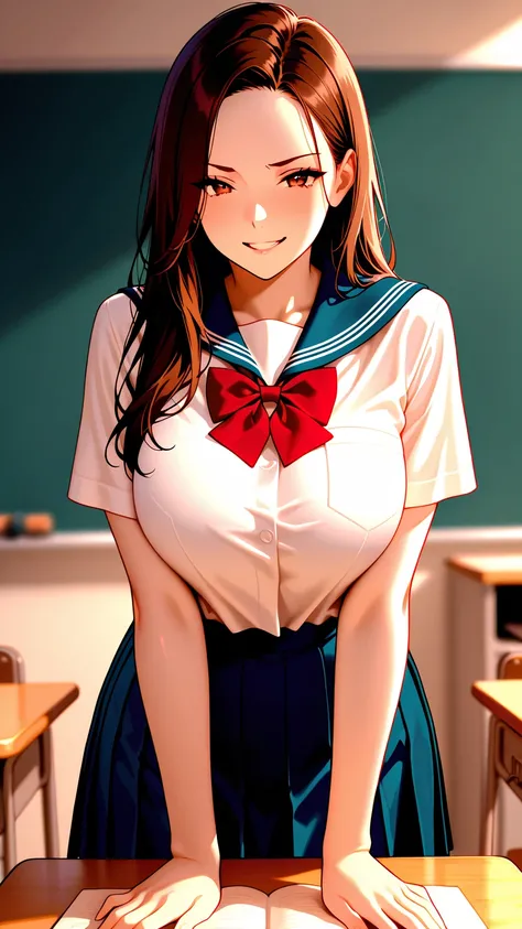  NsFW, masterpiece, best Quality, amazing quality, hyper-Detailed, explicit, high resolution picture, super detailed, A breathtakingly beautiful Japanese woman, long hair, silky dark brown hair, wearing a modern school uniform, sailor uniform, suit made of...