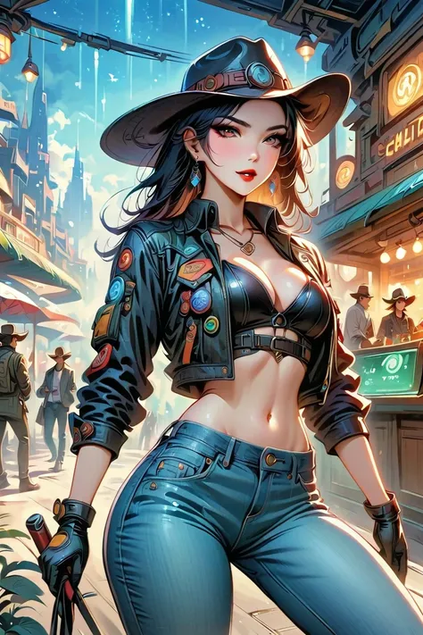 masterpiece, pale skin, red lips, light eyes, Eyeshadow, Front view of a beautiful woman wearing a stylish cowboy hat，Cyberpunk cowboy in interstellar tavern，Futuristic starry sky background，Alien Technology，Mechanical Cowboy，Wearing a red and black mechan...