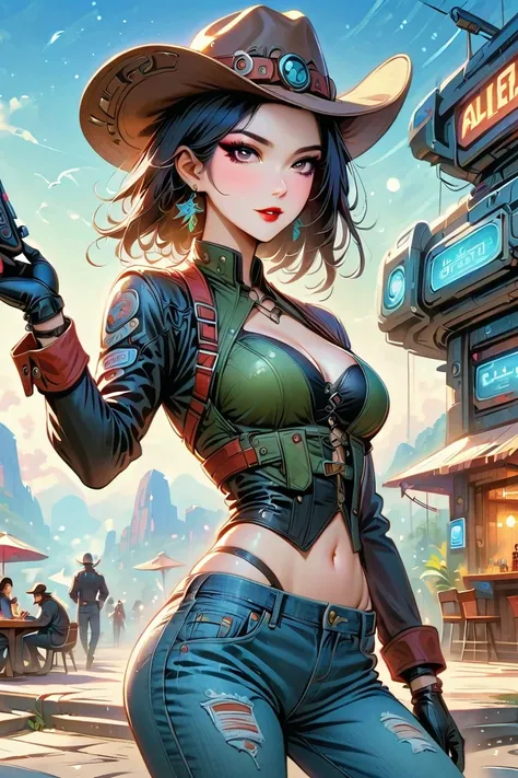 masterpiece, pale skin, red lips, light eyes, Eyeshadow, Front view of a beautiful woman wearing a stylish cowboy hat，Cyberpunk cowboy in interstellar tavern，Futuristic starry sky background，Alien Technology，Mechanical Cowboy，Wearing a red and black mechan...