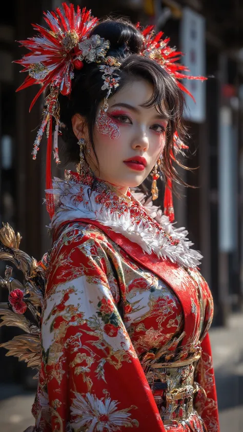 Portrait of a cowboy girl，style Charming， Cute Charming ，smile infectiousness：0.3，Cheerful expression， Slim Fit，Detailed geisha style dress，red|White|White| Vibrant Colors ，light light red，deep depth，deep depth，deep depth，Wide field，Dynamic angle，fashion p...