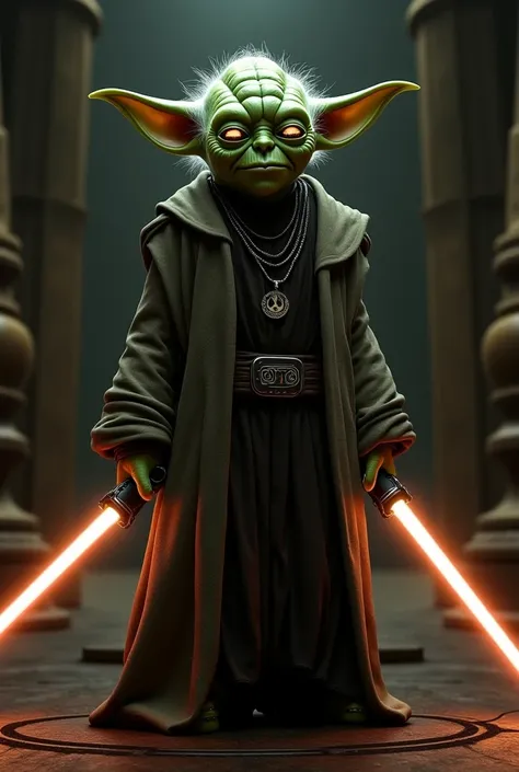 
“A small, ancient alien of Yoda’s species with green skin, large, pointed ears, 3 fingers, and glowing, wise eyes. His face is wrinkled with age, but his expression exudes calm wisdom and immense power. His attire is a mixture of dark robes and tunic, ble...