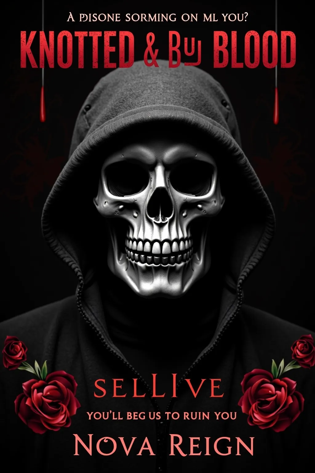 Create a 2D book cover including the title Knotted By Blood as well as the tagline You’ll beg us to ruin you. As well as the author Nova Reign. Include images featuring a dark, gothic aesthetic. The mask is skull-shaped, highly detailed, and realistic, cov...