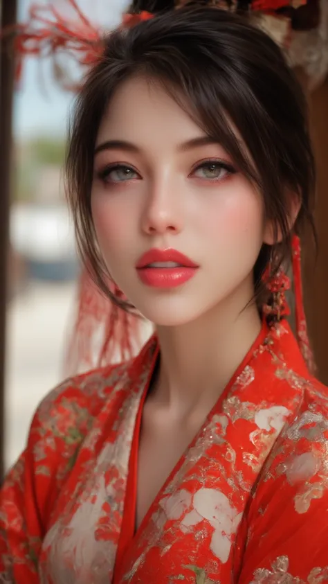 Portrait of a cowboy girl，style Charming， Cute Charming ，smile infectiousness：0.3，Cheerful expression， Slim Fit，Detailed geisha style dress，red|White|White| Vibrant Colors ，light light red，deep depth，deep depth，deep depth，Wide field，Dynamic angle，fashion p...