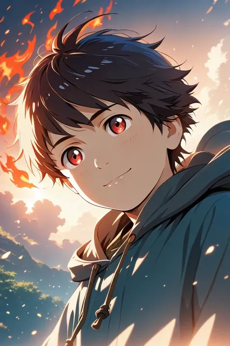 1 boy shota anime , with dark hair, soft white skin , a pair of fiery red eyes, with a bright smile