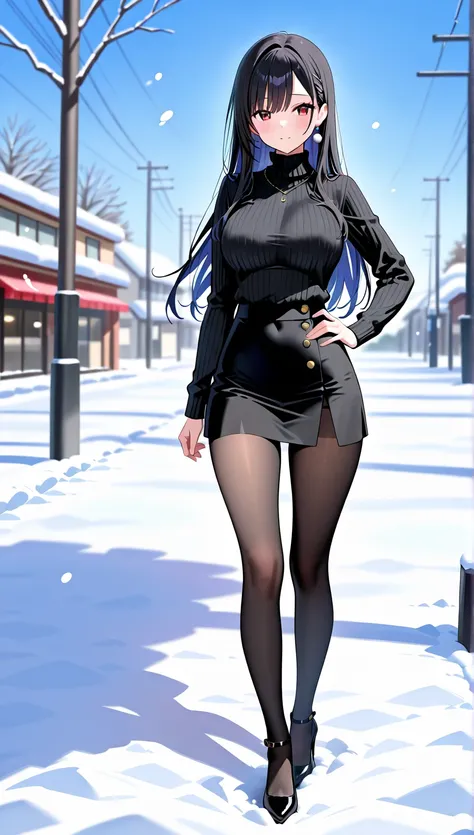 A beautiful girl with long hair and, a good body figure, wearing a black turtleneck sweater, dark black opaque tights, and ultra mini skirt, walking in the snow with high heel shoes. She looks shy, but happy, walking alone when the sun is setting. She turn...