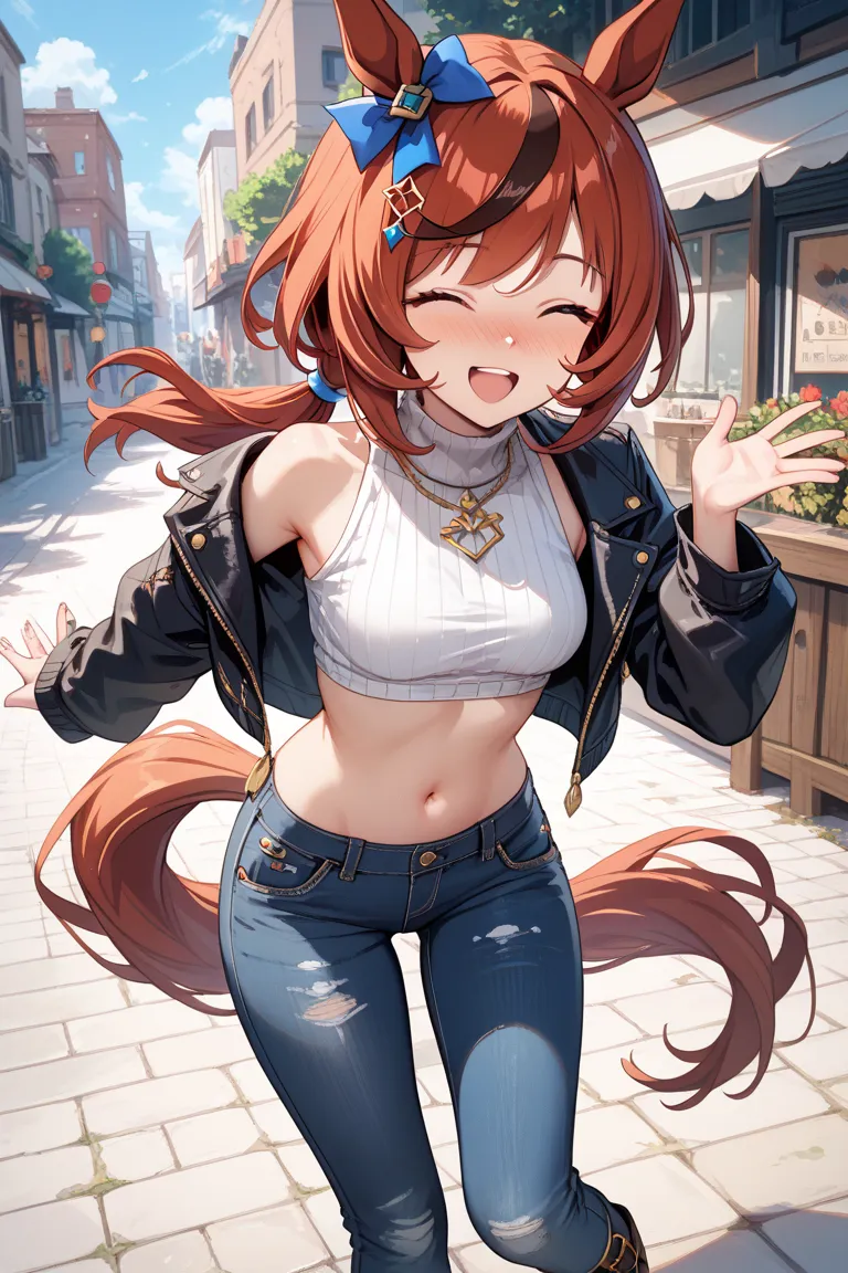 (umamusume),
1girl,solo,
horse ears, 
horse ears, 
horse tail, 
low ponytail, 
deep red hair, 
ornament,
small tits,
Laughing happily,(nose blush)
black denim jacket,
grey turtleneck,
black skinny jeans,
black low cut boots,