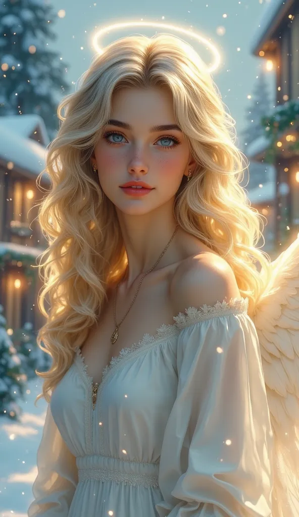  Masterpiece , Better quality,  middle chest, ( curved),   BREAK,  1girl, One,  blond hair, wavy hair, Angel, Angel wings, halo,  smile, sitting, christmas otmosphere snowy village . lights, trees,  white dress, smile, looks at the viewer, cowboy shot,   