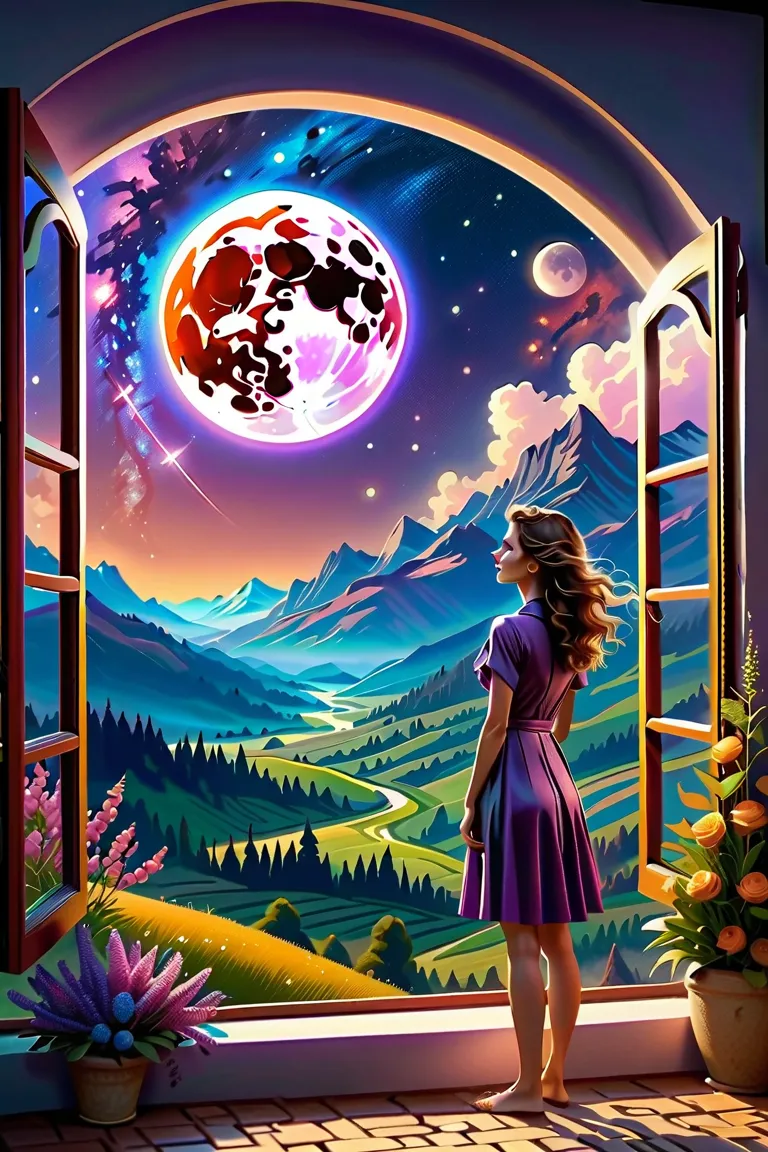  Windows in Roman architectural style，Girl standing by the window，The scenery outside the window，Looking out from the window，vast landscape photos, (A view of the sky and the wilderness below), Standing in the flower field and looking up, (full moon: 1.2),...