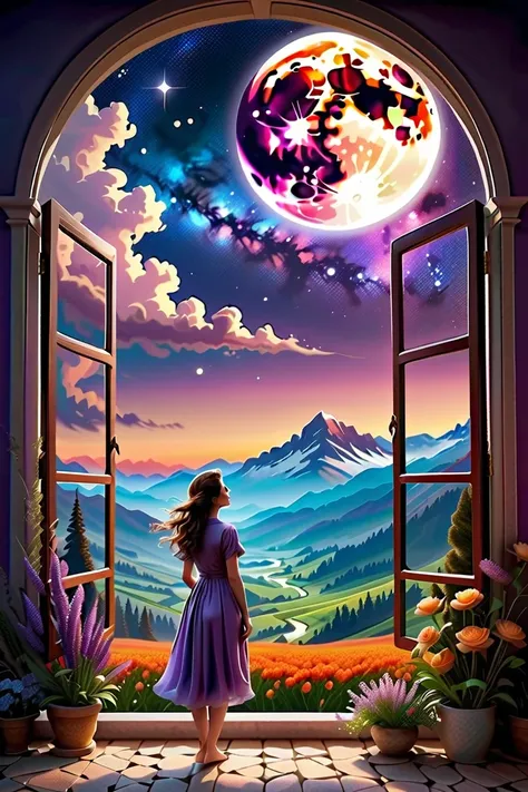  Windows in Roman architectural style，Girl standing by the window，The scenery outside the window，Looking out from the window，vast landscape photos, (A view of the sky and the wilderness below), Standing in the flower field and looking up, (full moon: 1.2),...