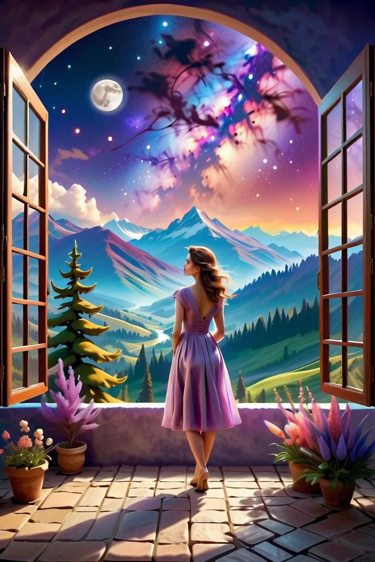  Windows in Roman architectural style，Girl standing by the window，The scenery outside the window，Looking out from the window，vast landscape photos, (A view of the sky and the wilderness below), Standing in the flower field and looking up, (full moon: 1.2),...