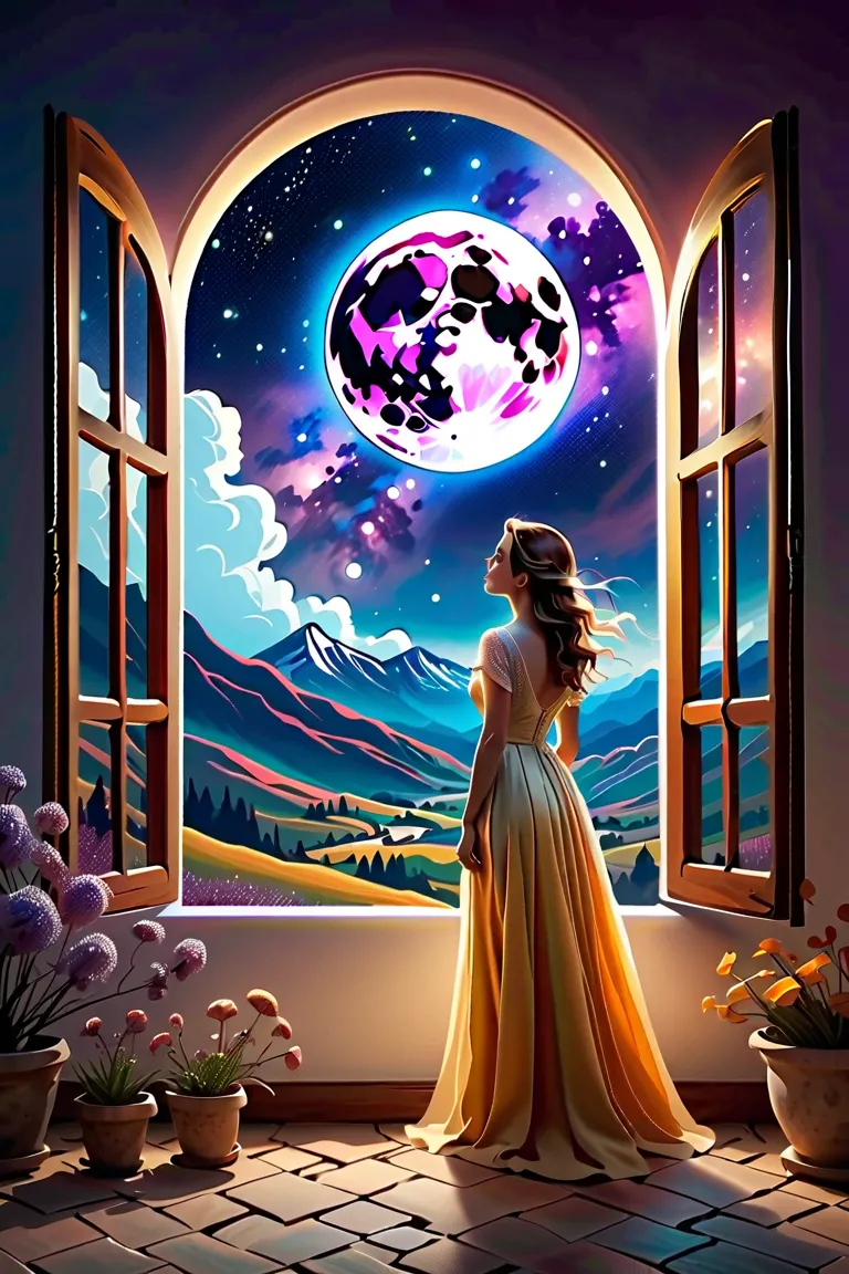  Windows in Roman architectural style，Girl standing by the window，The scenery outside the window，Looking out from the window，vast landscape photos, (A view of the sky and the wilderness below), Standing in the flower field and looking up, (full moon: 1.2),...