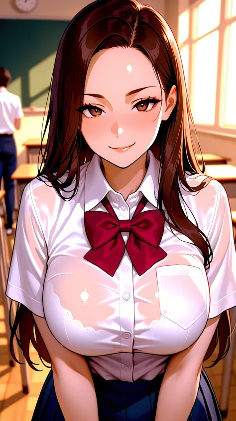 masterpiece, best Quality, amazing quality, hyper-Detailed, explicit, high resolution picture, super detailed, A breathtakingly beautiful Japanese woman, long hair, silky dark brown hair, wearing a modern school uniform, sailor uniform, suit made of textur...