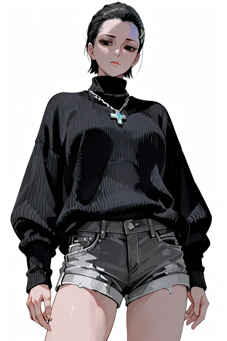 woman with average build. black short hair pulled back tightly. black eyes look down. black turtleneck sweater. silver cross on the neck. silver necklace in the form of a chain. very short black fabric shorts. elegant pose. bottom view. white background wi...