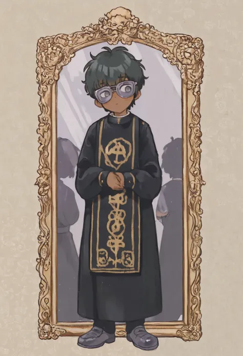 masterpiece, high quality, high resolution icon, Alone, in front of mirror, Hijikata, 1 boy, male focus, black hair, dark skin, gray eyes, square purple sunglasses, with priest's cassock, pope style, full body
