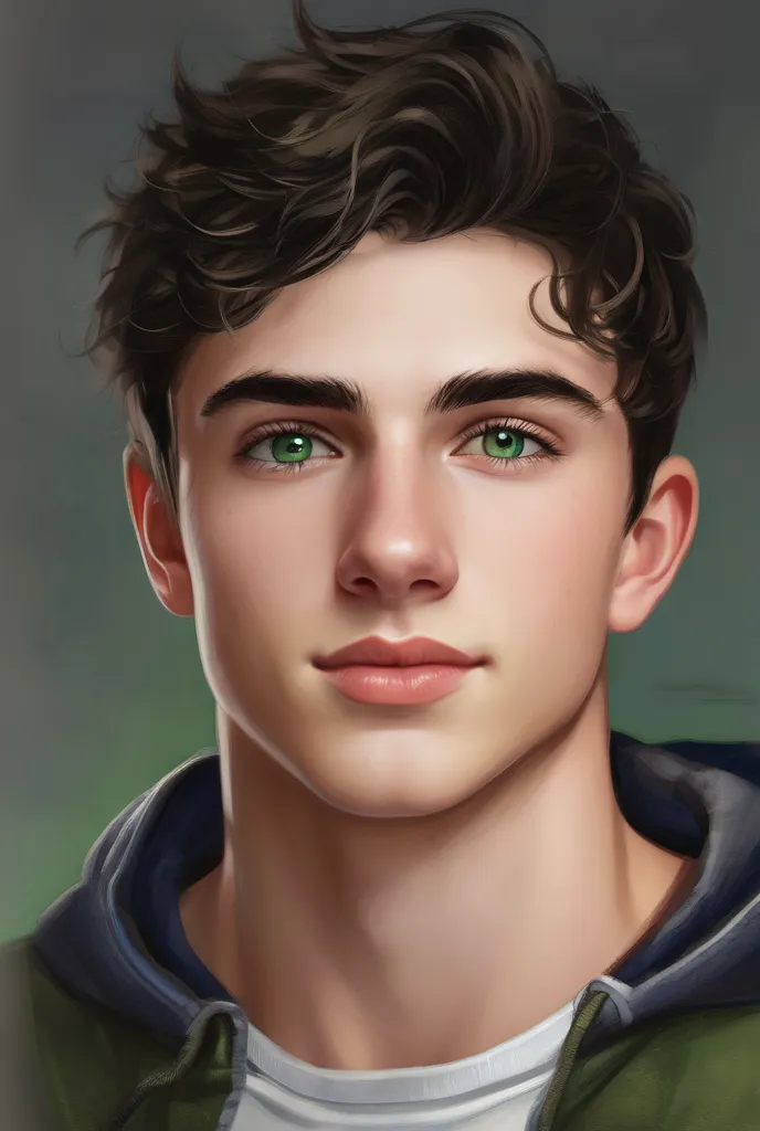 Portrait of Luis García is a handsome 17-year-old male ager with short black hair, white skin and green eyes, has a large, Greek-type nose, oval face and an athletic physique in the gym. 