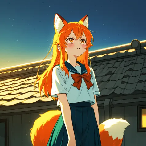 high resolution, long hair, Looking up to the sky on the roof,  Reddish, Orange eyes and hair,  small chest,  1 girl, Orange fox ears,  is low, Fluffy orange tail with a white tip, in school uniforms