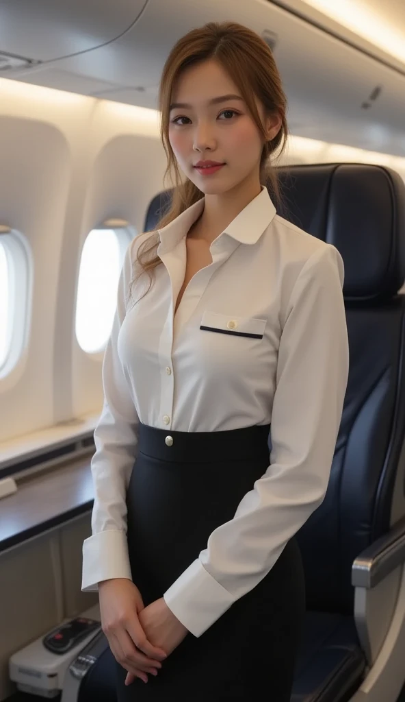 (( masterpiece,  top quality)), ( a sexy flight attendant ), Japan airlines, (Alone), ( focused on women), ( stupid hair , ,   Very long hair),  blond eyes ,    Light Smile ,  Open Your Mouth, Large breasts and deep neckline、(( transparent flight attendant...