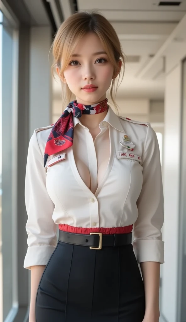 (( masterpiece,  top quality)), ( a sexy flight attendant ), Japan airlines, (Alone), ( focused on women), ( stupid hair , ,   Very long hair),  blond eyes ,    Light Smile ,  Open Your Mouth, Large breasts and deep neckline、(( transparent flight attendant...