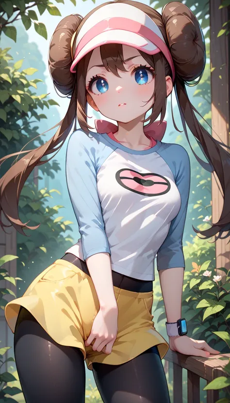 hair bun, blue eyes, twintails, long hair,
visor cap, pantyhose, raglan sleeves, yellow shorts, shirt,