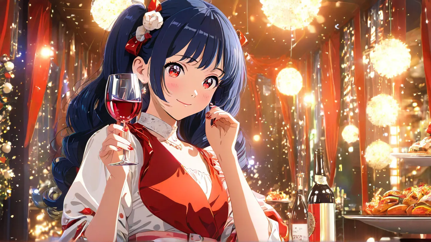 An anime girl s, with long dark blue hair, red eyes, with wine , Worscht, rolls, at a party