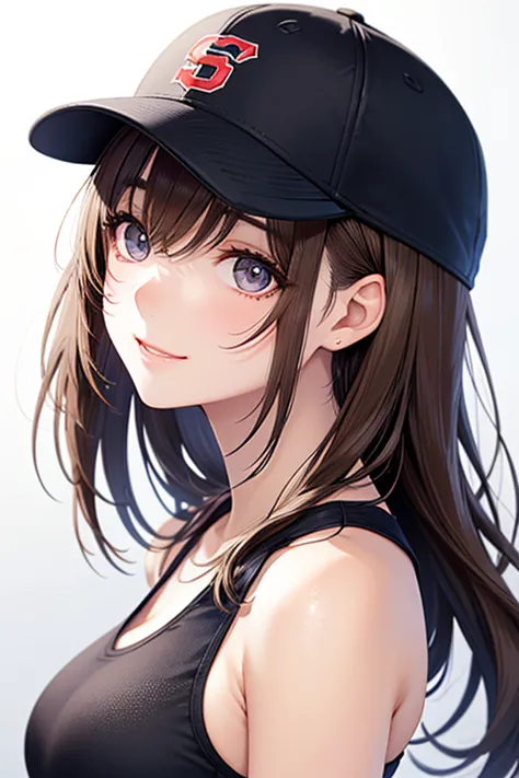  glossy brown hair,  long hair、,  beautiful brown eyes、smile、Sparkling Eyes, (fine grain)、super detailed eyes、very detailed face,  very detailed eyes,  masterpiece, Highest quality, Pixiv, Baseball cap, black sports bra with hair out,  white skin,  gal,  t...