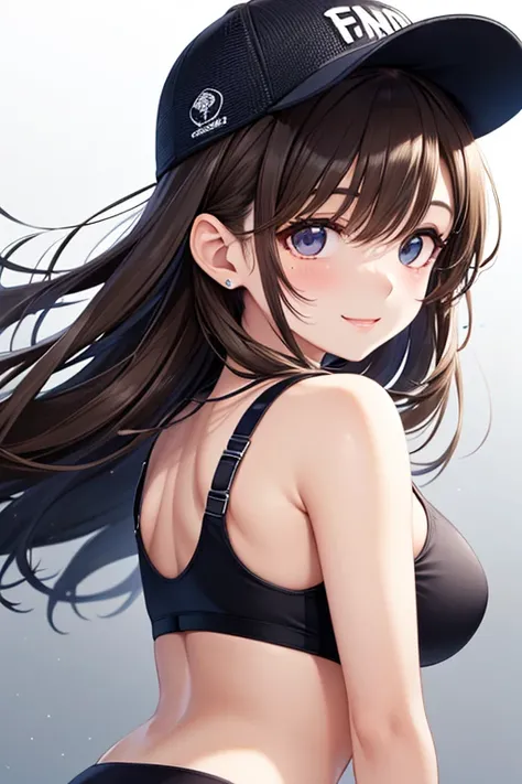  glossy brown hair,  long hair、,  beautiful brown eyes、smile、Sparkling Eyes, (fine grain)、super detailed eyes、very detailed face,  very detailed eyes,  masterpiece, Highest quality, Pixiv, Baseball cap, black sports bra with hair out,  white skin,  gal,  t...