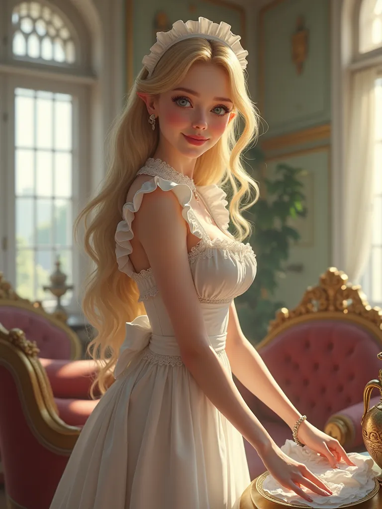 A beautiful blonde with long hair and bright make-up in the form of a maid does house cleaning. Realistic photo 