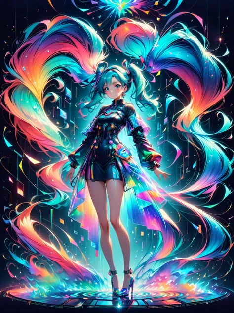 (A young woman with cyan hair in double ponytails:1.5)，Wearing a futuristic outfit，Consists of an electronic-themed dress，(She was wearing transparent high heels made of electronic elements.:1.3)，Her headband consists of a square-shaped emblem.，Hanging rib...