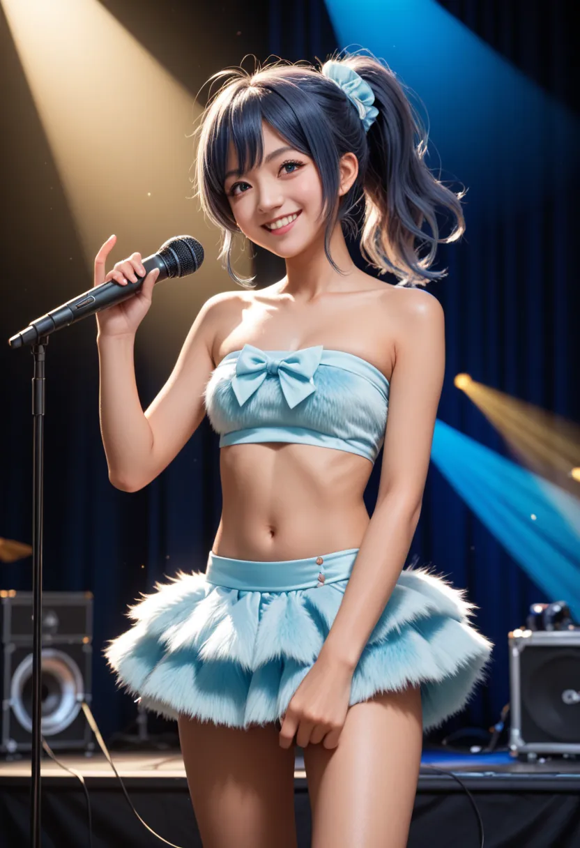 Japanese young girl, tanned skin, smile, black ponytail, light blue bandeau tops, fluffy bandeau tops, light blue mini skirt, fluffy mini skirt, slim body, IDOL, microphone, on stage,