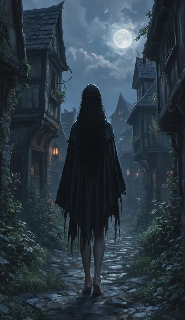 ((high resolution, super detailed shot)), ((emphasis on small details and atmosphere of the scene)) beautiful girl with long black hair, witch, in a black short cloak, bare legs, bare shoulders, walks along the street of a medieval village at night, agains...