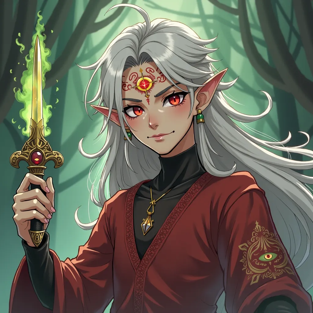 Elf necromancer man ,youthful looking , with long white hair,  red glowing eyes , dagger in the right hand with a smirk and tattoos of red clouds on the face with an earring in the shape of an eye in the ear, there is a third eye on the forehead with a gol...