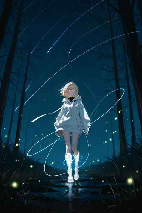 1girl, blonde,  Light gold hair, red eyes, Night, stars ,  dark forest, fireflies, Dark, Night, darkness, Blackness,  dark blue sky , луна и stars ,  black trees , The girl is wearing a long white oversized hoodie, on her legs long white thigh length boots...