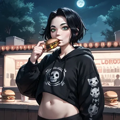 (Masterpiece), (best quality), (detailed), 1girl, doomer girl, goth gf, posing with ther belly out, JOI pointing at belly, finger in navel, short black hair, green eyes, night, eating burger, oversized hoodie
