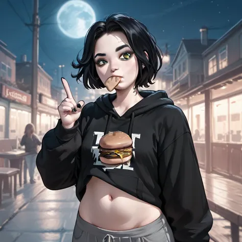 (Masterpiece), (best quality), (detailed), 1girl, doomer girl, goth gf, posing with ther belly out, JOI pointing at belly, finger in navel, short black hair, green eyes, night, eating burger, oversized hoodie
