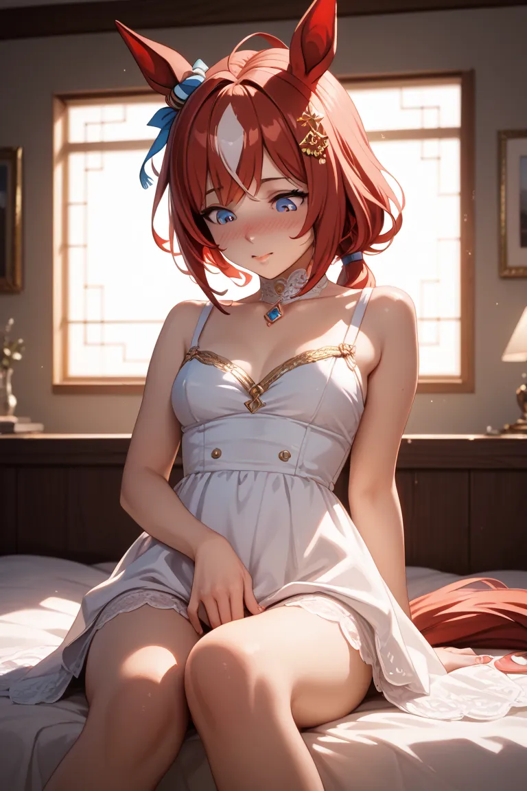 (umamusume),
1girl,solo,
horse ears, 
horse ears, 
horse tail, 
low ponytail, 
deep red hair, 
ornament,
small tits,
Sit on the bed,
Looking down,
(nose blush),
dark bedroom,