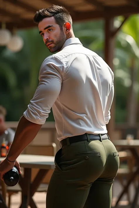 Fotografía realista, 35-year-old muscular (((atletic man))) , , View from below, nalgon de perfil, stripe white formal shirt and very tight dry green trousers, brown belt, de perfil, Big butt, viendo a cámara, ojos negros, en el patio, hombre sexy, muy nal...