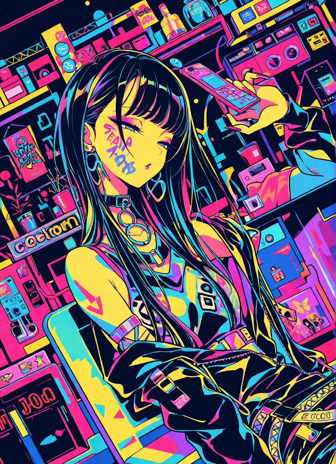  flat color, gyaru, cool beauty, black hair, slender body, half-closed eyes, rest, japan exotic fashion, neon motif room, geometric art,