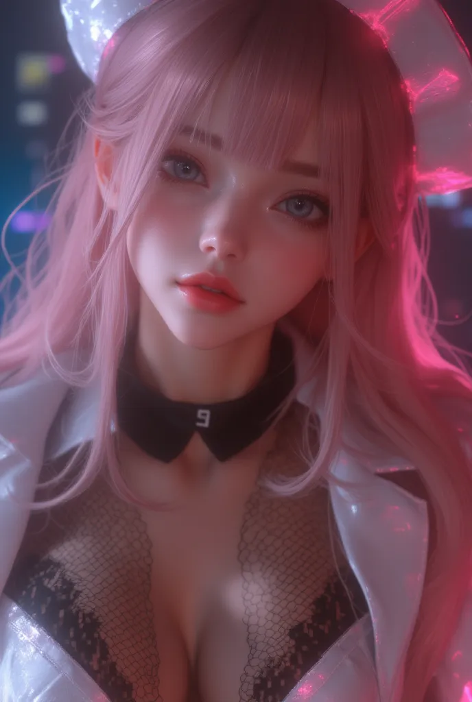 nsfw,（ Ultra Details,   masterpiece , top quality, 8k,  very aesthetic,   Realistic Detailed CG  , sharp concentration ,  Super Fine),  cute woman , (  nurse clothes,above knee fishnet tights ,   button gap  ),Black inner bra that looks slightly natural, (...