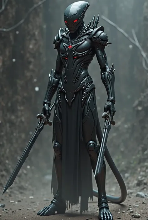 Create an all-black humanoid alien with black technological armor and who has swords in his hands