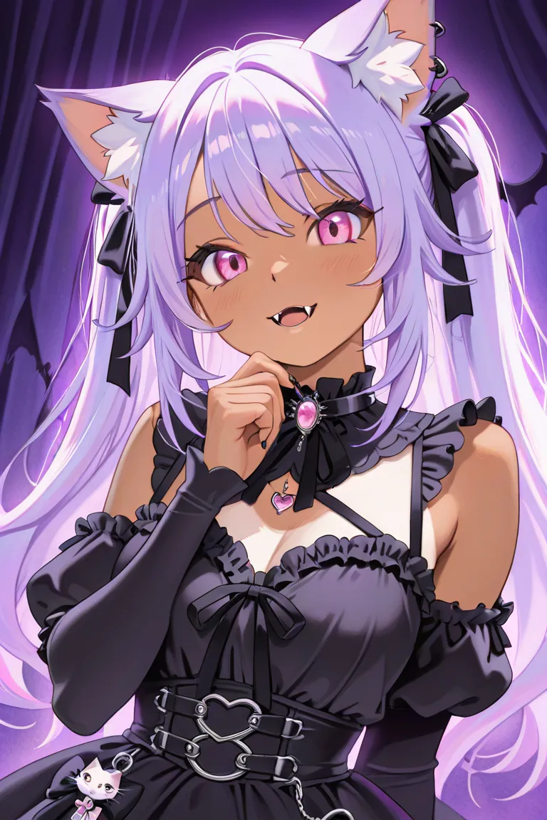 Anime Cat Girl, vampire, tanned skin, long light purple hair, pink eyes, fangs, pastel goth, big busty boobs, pastel goth lingerie, full body