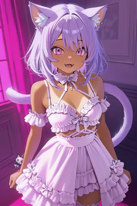 Anime Cat Girl, vampire, tanned skin, long light purple hair, pink eyes, fangs, pastel goth, big busty boobs, pastel goth lingerie, full body