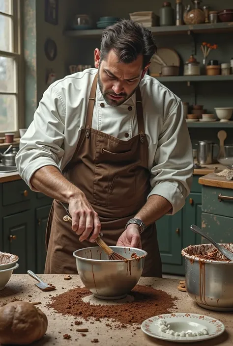 An anime-style pastry chef making chocolate cake with his testicles sticking out of his apron and a very messy kitchen.