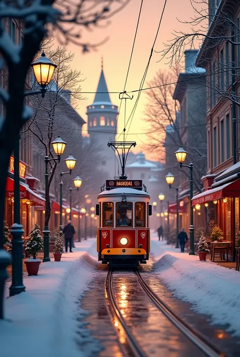 istanbul istiklal street tram snow sunset