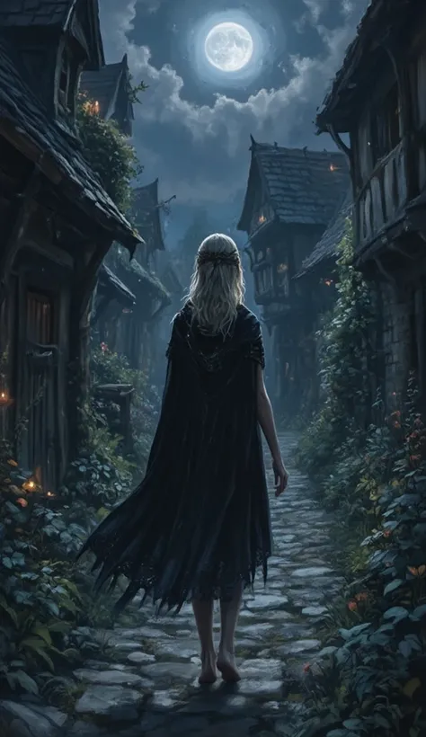 ((high resolution, super detailed shot)), ((emphasis on small details and atmosphere of the scene)) beautiful girl, blonde, witch Cirilla, in a black short cloak, bare legs, bare shoulders, walks along the street of a medieval village at night, against the...