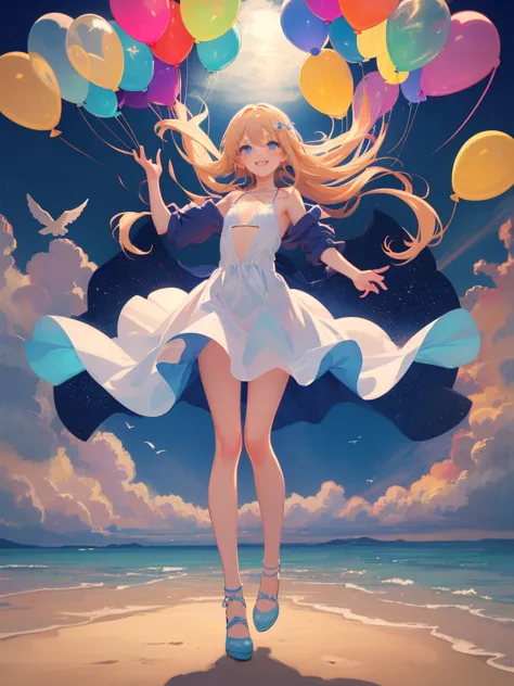 ( masterpiece),(Highest quality:1.2),(perfect anatomy),Exquisite Details,The Girl Who Floats in the Air,((  they float in the sky with balloons  )),((flat chest)), beautiful detailed blue eyes ,long blonde hair,Hair messy in the wind ,There are lots of bal...