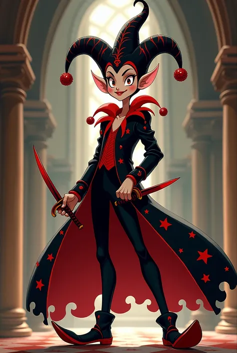 Remake the court fool in an anime style, with the predominant black color and the accent red, Reduce the size of the daggers