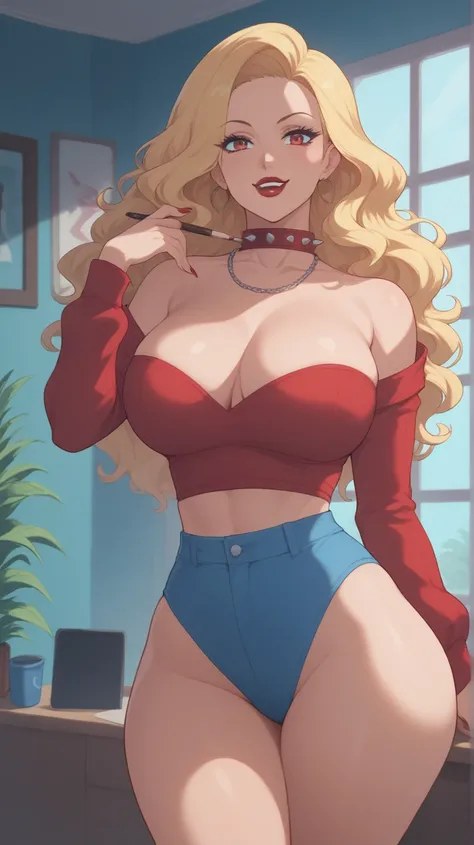 Woman in a player's room , mouth shut ,Alone ,  a girl,   breasts,  ironic smile,     spiked necklace   ,    red collar  , red eyes, regions,neckline, wavy hair,  full front shot  ,    long legs,  round butt, reina vampire, vampire,  Queen of Lust , Keep_G...